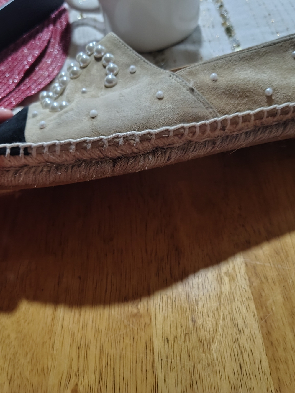 CHANEL Two-Tone Pearl Espadrille Flat in Cream and Black